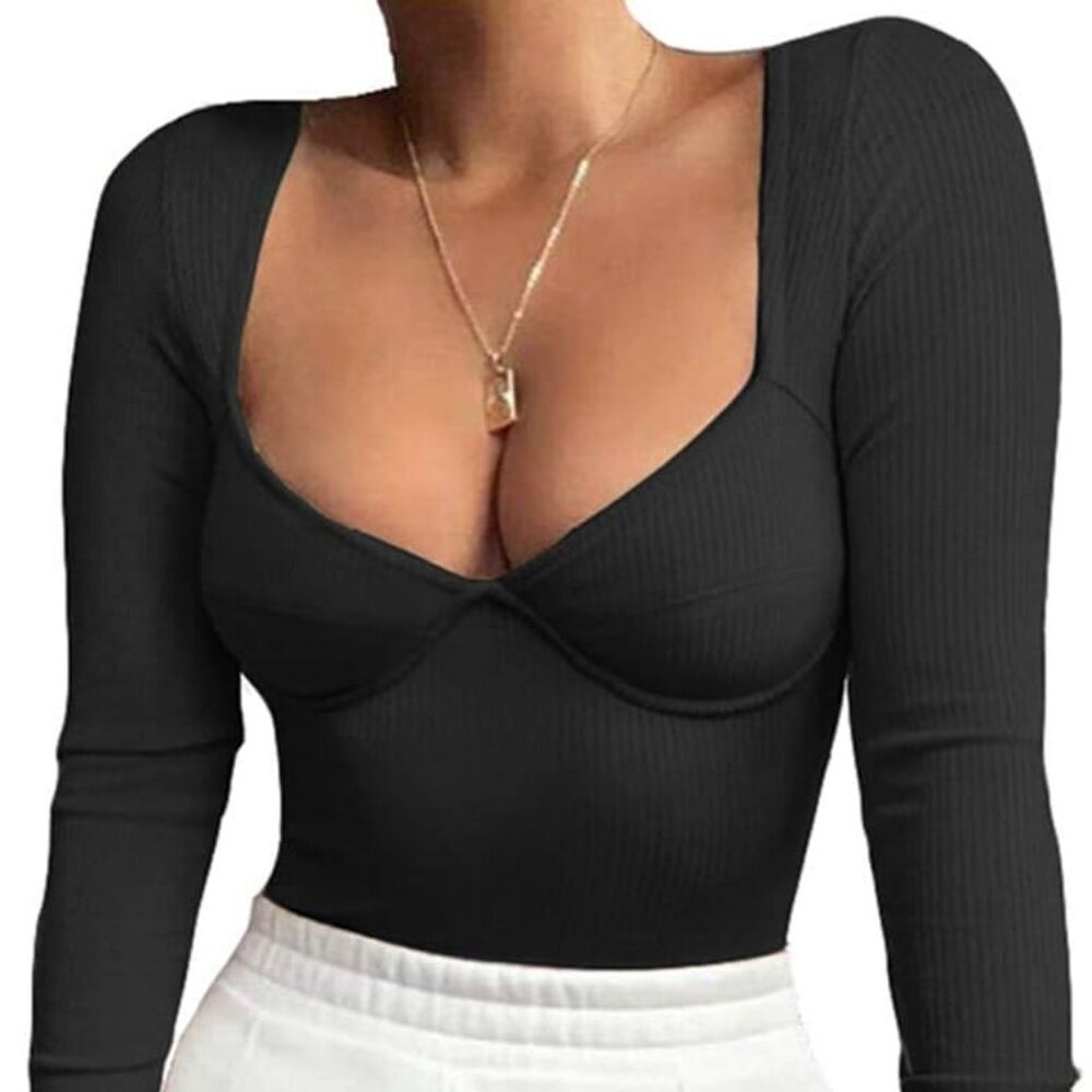 New V Neck Ribbed Long Sleeve Bodysuit